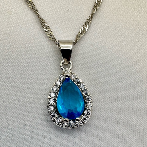 Bright Blue Diamond CZ Teardrop Halo Pendant Necklace Silver White CZ Glam - Picture 8 of 8